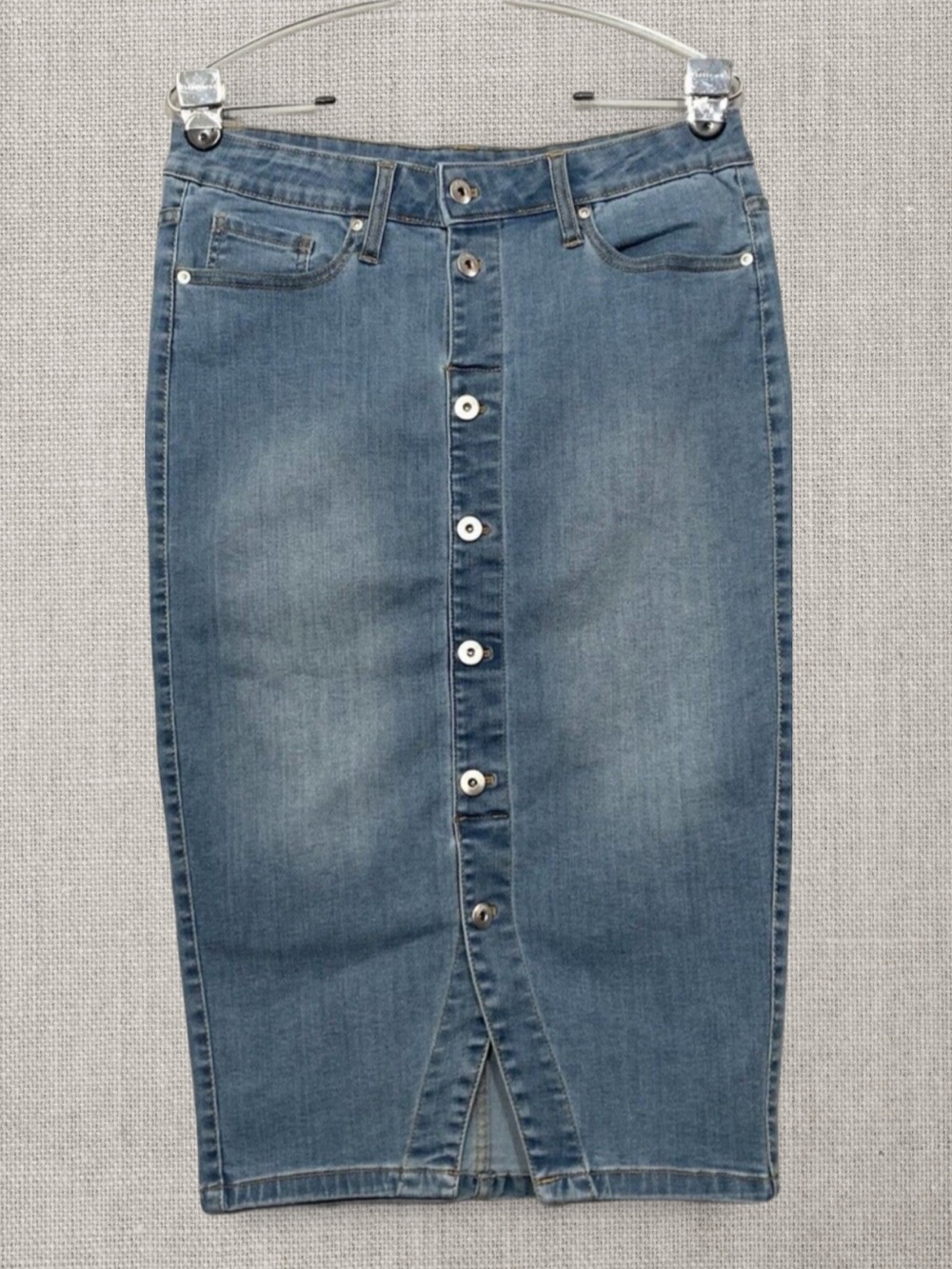Classic Blue Stretch Denim Button-Front Pencil Skirt 8